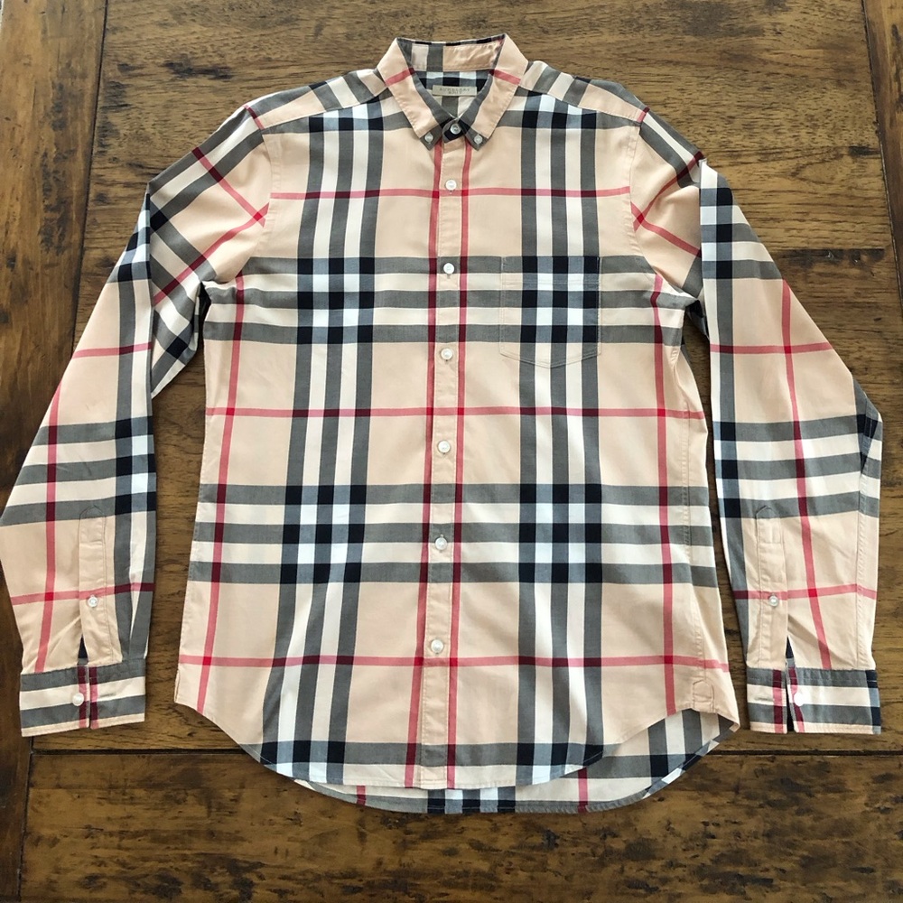 Burberry Beige and Black Plaid Button Down Shirt